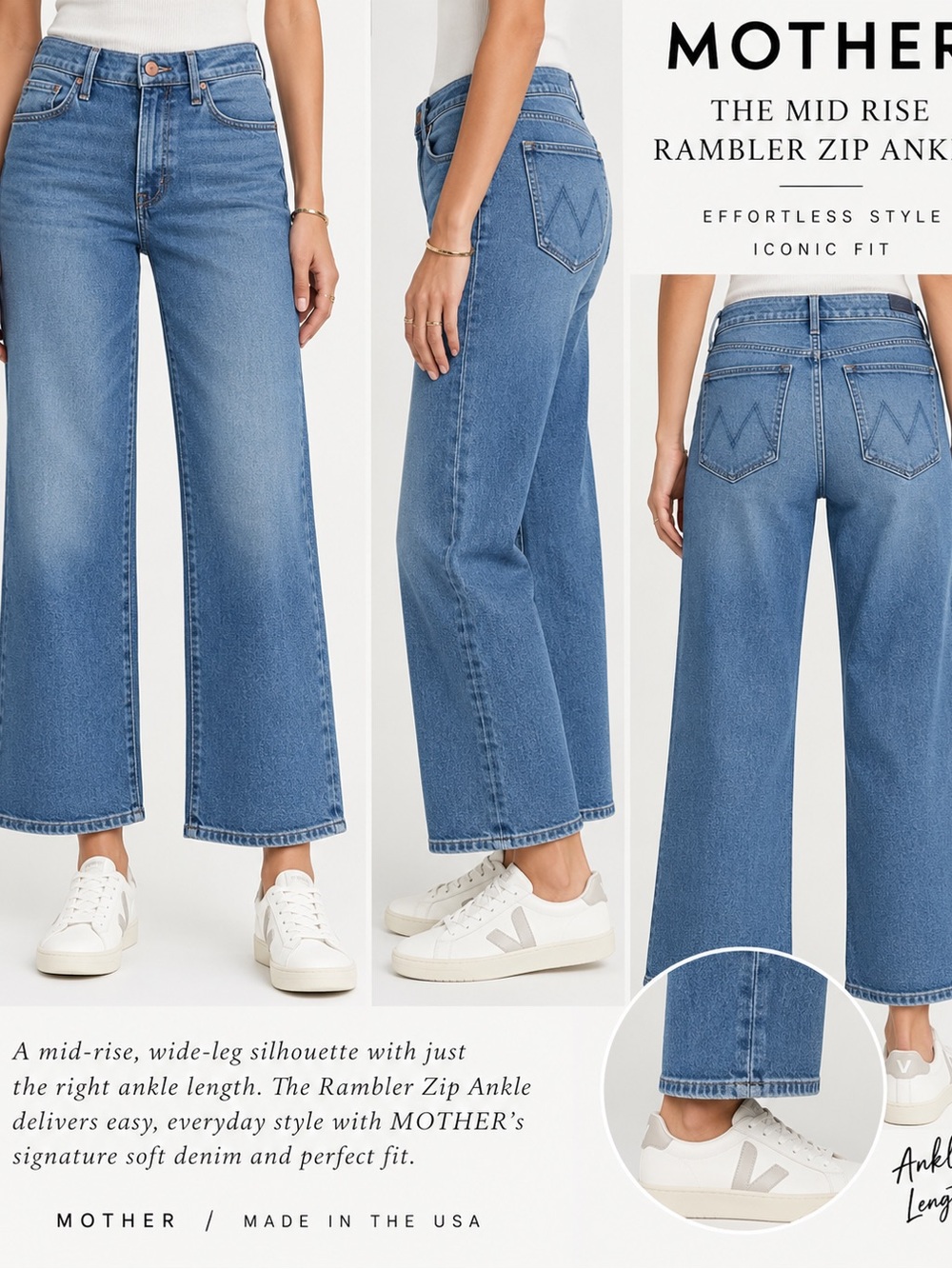 MOTHER The Rambler Mid Rise Zip Ankle Jeans Size 26 Blue Wide Leg